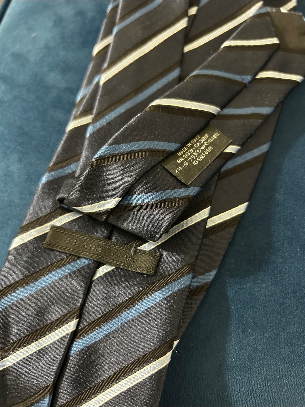 Prada Black Silk Tie with Blue and Gray Stripes - Picture 6 of 8